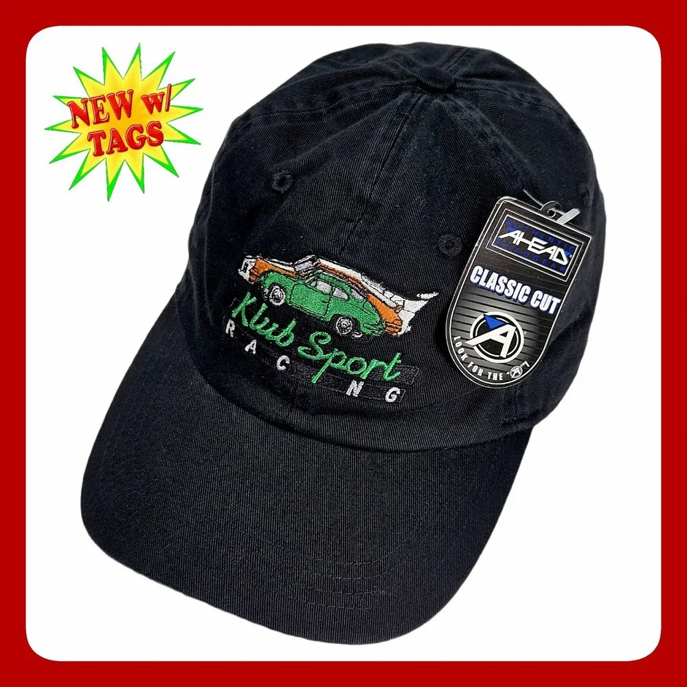 Ahead Klub Sport Racing Classic Cut Black Adjustable Cotton Strapback Cap NWT